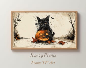 Vintage Halloween Frame TV Art, Black Cat, Pumpkin Sketch (Digital Download)