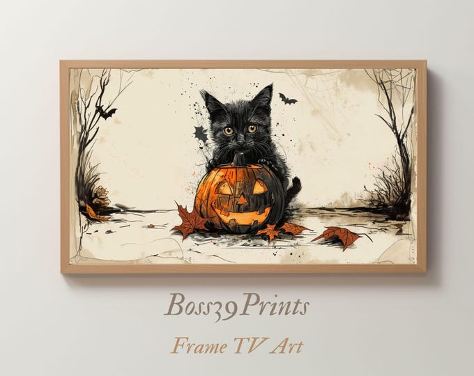Vintage Halloween Frame TV Art, Black Cat, Pumpkin Sketch (Digital Download)