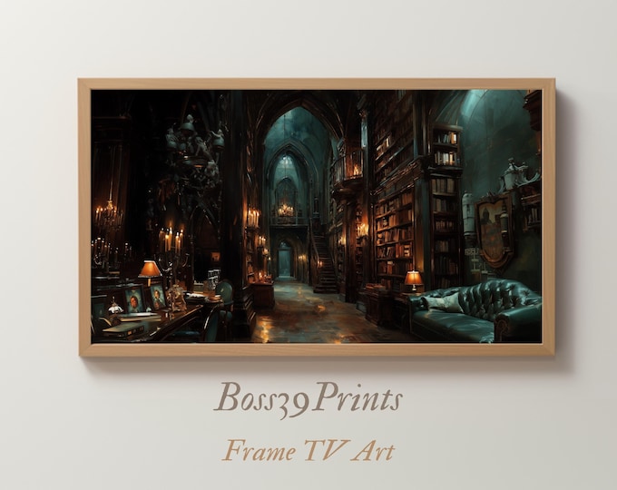 Magical Library Samsung Frame TV Art, Dark Academia Oil Painting (Digital Download)