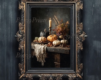 Thanksgiving Still Life Print, Moody Autumn Pumpkin Art (Digital Download)