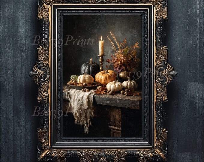 Thanksgiving Still Life Print, Moody Autumn Pumpkin Art (Digital Download)