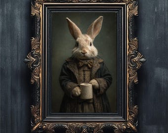 Moody Bathroom Wall Art | Vintage Rabbit Portrait with Toilet Paper, Bunny Decor