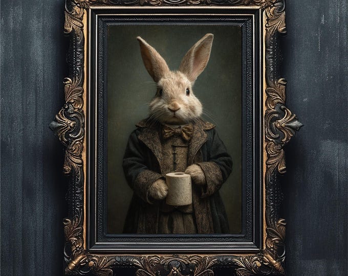 Moody Bathroom Wall Art | Vintage Rabbit Portrait with Toilet Paper, Bunny Decor