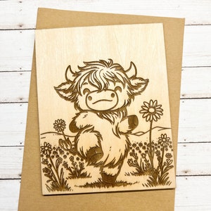 Dancing Highland Cow Wood Card | Personalized Blank Wooden Card | Unique Custom Gift | Handwritten Note | Birthday | Anniversary | Kawaii