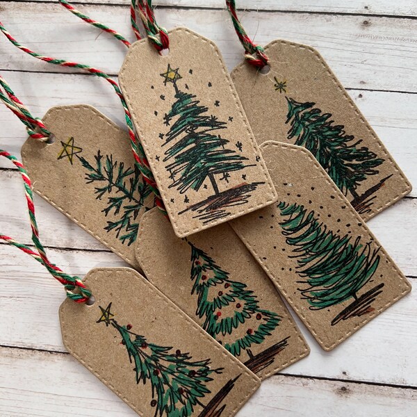 Handmade Christmas Tags | 12 Christmas Tree Tags | Gift Tags | Hand Stamped | Hand Colored