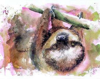 Point of View -- original/ watercolor/ painting/ 10x14 inches/ unframed/ sloth/ animal/ landscape