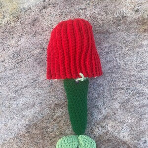 May include: A crocheted mermaid doll with a red hat and a green tail. The tail has two green fins.