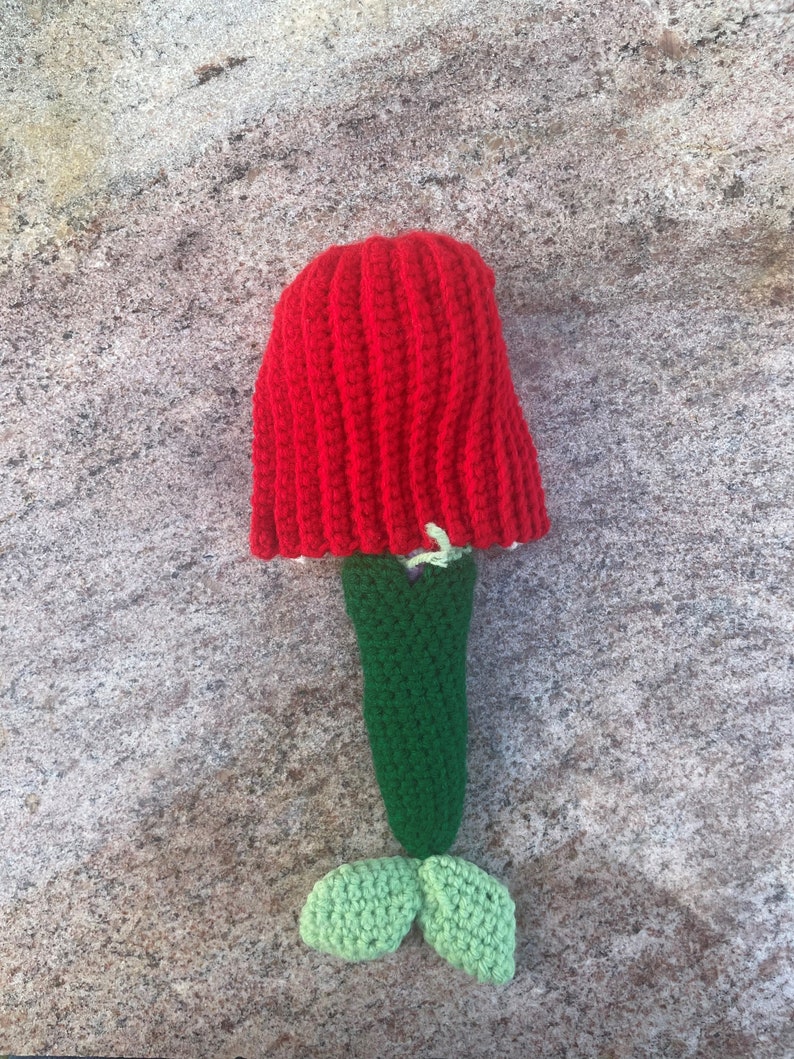 May include: A crocheted mermaid doll with a red hat and a green tail. The tail has two green fins.