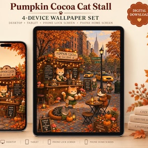 Op de afbeelding: Een digitale achtergrondset met een illustratie van een pompoen-cacao-kattenkraam op een smartphone en tablet. De afbeelding toont katten in een herfstachtige stad met oranje bladeren en pompoenen. Tekst: Pumpkin Cocoa Cat Stall.