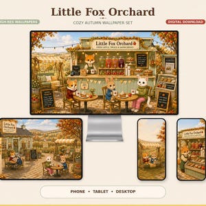 Op de afbeelding: Een digitale behangset getiteld Little Fox Orchard met illustraties van antropomorfe dieren bij een appelboomgaardkraam. De set bevat vier afbeeldingen met hoge resolutie weergegeven op een computermonitor, een tablet en twee smartphones.