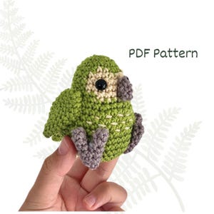 Könnte beinhalten: Ein grüner Häkelpapagei mit beigefarbenem Gesicht und schwarzen Augen. Der Papagei sitzt auf einer Hand. Das Bild enthält den Text "PDF Pattern".