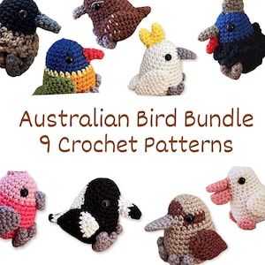 Könnte beinhalten: Neun Häkelmuster für Vögel, darunter ein Regenbogenlori, ein weißer Kakadu und eine schwarz-weiße Elster. Der Text "Australian Bird Bundle 9 Crochet Patterns" ist unter den Vögeln zu sehen.