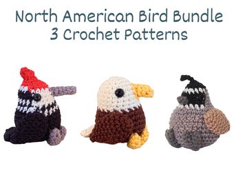 May include: Three crocheted bird figures: a woodpecker with red, black, and white details, an eagle with brown and cream colors, and a gray bird with a black cap. The text reads "North American Bird Bundle 3 Crochet Patterns."