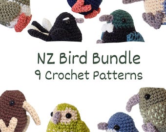 NZ 鳥のかぎ針編みパターン バンドル: あみぐるみキウイ、カカポ、リトル ペンギン、ケレルなど (PDF パターン)