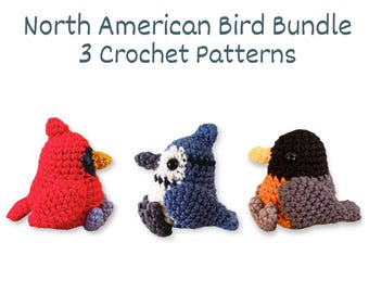 Pacote de padrões de crochê de pássaros norte-americanos: cardeal, gaio-azul e amigurumi de pisco-de-peito-ruivo (padrão em PDF)
