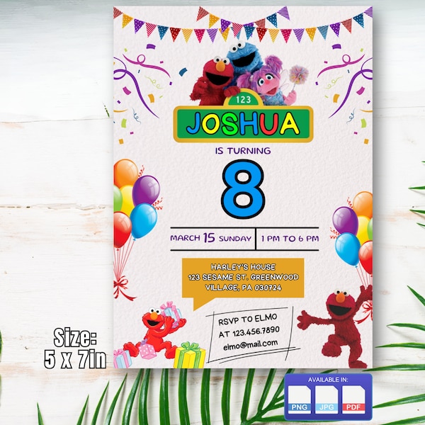 Faire-part d'anniversaire Rue Sésame, Faire-parts d'anniversaire Elmo Sesame Street, invitation fête d'enfants, modèle imprimable, fête d'anniversaire sésame