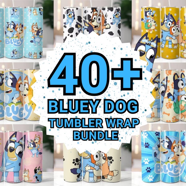 Pacchetto di 40+ confezioni di tumbler per cani blu, confezioni di tumbler skinny da 20 once e 12 once, design di sublimazione PNG per tumbler, modello di progettazione per uso commerciale, cartoni animati