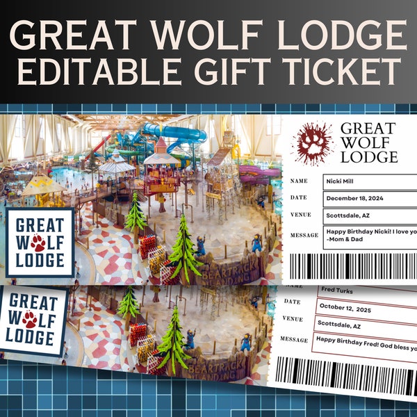 Great Wolf Lodge Ticket, Great Wolf Lodge Printable Ticket Template, Surprise Ticket Stub, Birthday Gift, Canva Wolf Lodge Park Ticket
