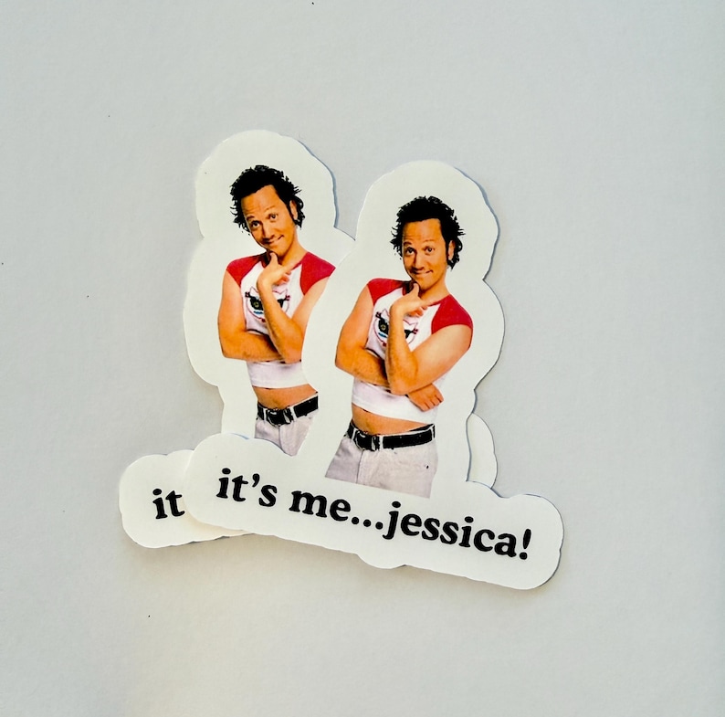 May include: Two die-cut stickers featuring a man in a red and white shirt, with the text "it's me...jessica!". The man is smiling and posing with his arms crossed. The stickers are white with a light gray background.