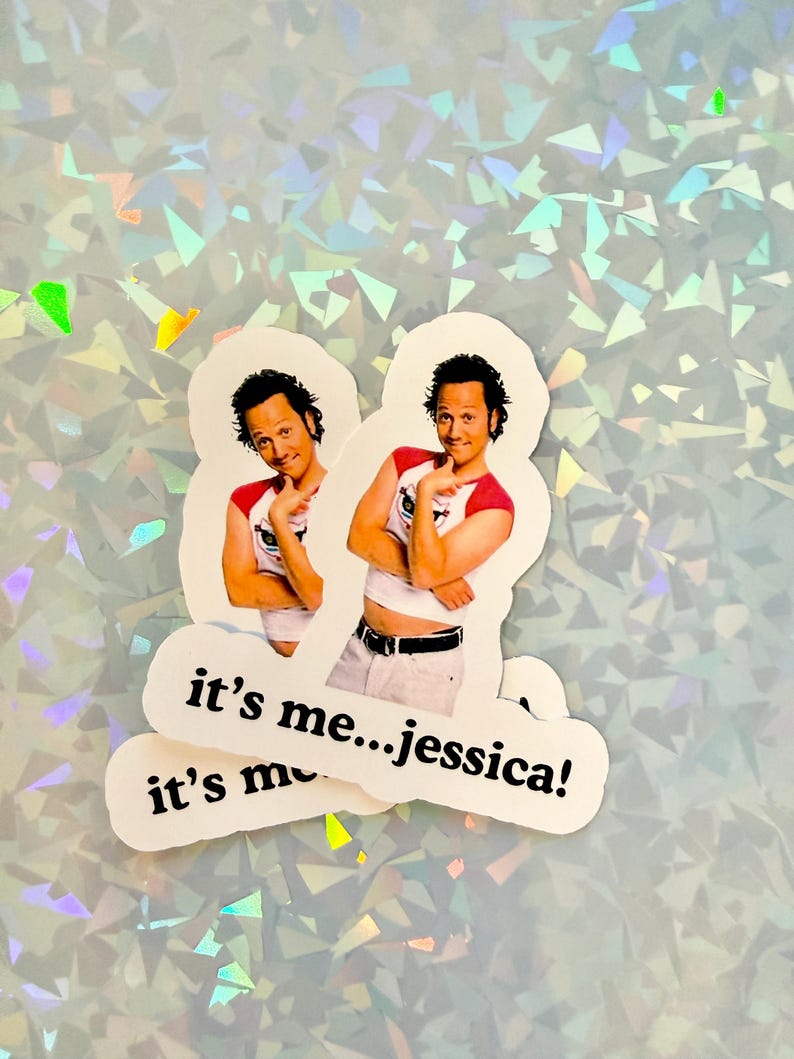 May include: Two stickers featuring a man in a red and white shirt, with the text "it's me...jessica!" printed on them. The stickers are white with a die-cut edge, and the background is a holographic, iridescent pattern.
