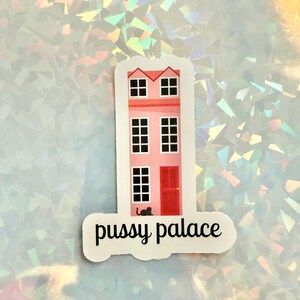 May include: A sticker featuring a pink building with black windows and a red door. The text "pussy palace" is written in black script below the building. A small black cat is near the door.