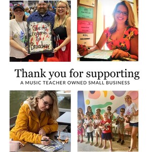 May include: A collage of images featuring a music teacher and students. One image shows people holding a sign that says "Give my regards to Broadway." Other images show the teacher writing and students playing ukuleles. Text reads "Thank you for supporting a music teacher owned small business."