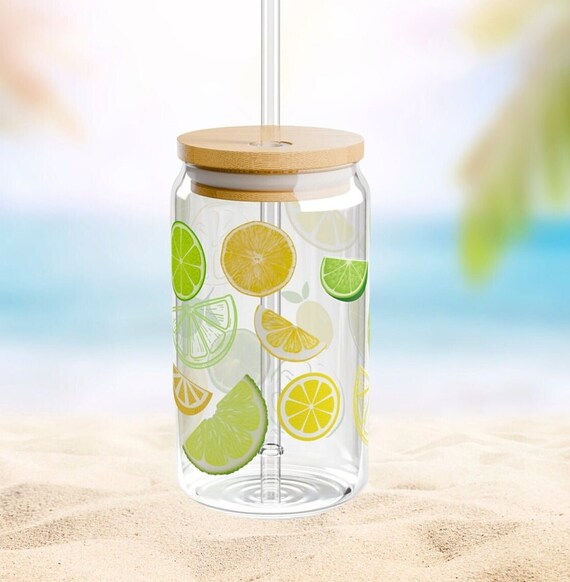 Lemon Lime Sipper Glass, Citrus Burst Glass, Lemon Lime Art, Lemon Decor