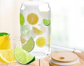 Lemon Lime Sipper Glass, Citrus Burst Glass, Lemon Lime Art, Lemon Decor