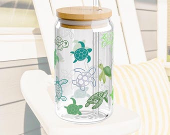 Sea Turtle Sipper Glass, Sea Turtle Glassware, Save The Ocean, Sea Turtle Gift