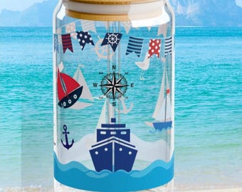 Nautical Glass, Sipper Glass 16oz, Sailing Decor, Red White Blue