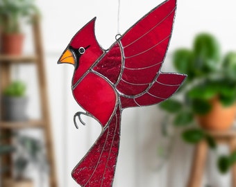 Cardinal Stained glass Suncatcher bird window cling wall hanging holiday decor handmade gift christmas crafts
