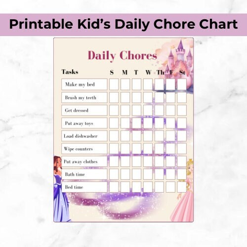 Printable Chore Chart. Kids Chore Chart. Princess. Kids Daily - Etsy