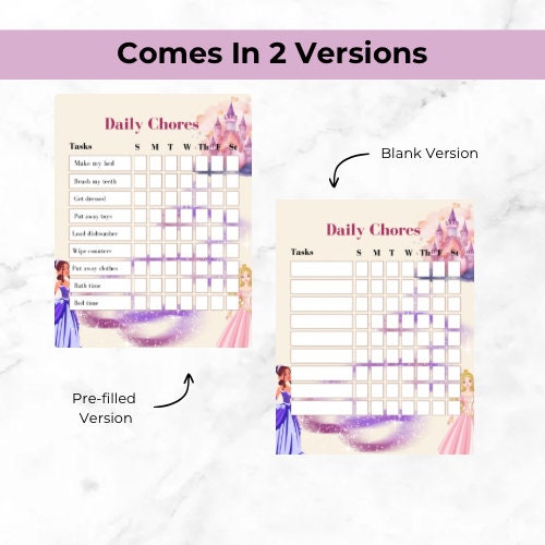 Printable Chore Chart. Kids Chore Chart. Princess. Kids Daily - Etsy