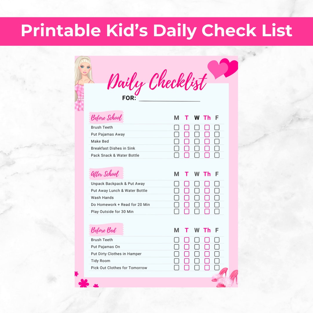 Check List For Kids Barbie Kids Daily Routine Printable Check List Check List For Kids Barbie Kids Daily Routine Printable Check List