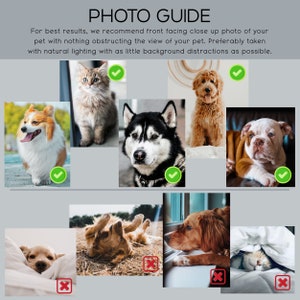 May include: A photo guide with examples of good and bad pet photos for a custom pet portrait. The good photos show pets looking directly at the camera with clear lighting and minimal background distractions. The bad photos show pets with their backs to the camera, blurry images, or distracting backgrounds.