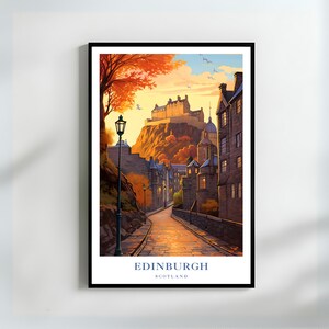 Edinburgh Castle View Poster, Historic Scotland Street at Sunset, Atmospheric Old Town Art Print, Scottish Cityscape with Castle