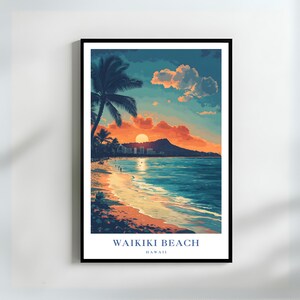 Waikiki Beach Hawaii Art Print | Tropical Sunset Wall Decor | Hawaiian Travel Gift | Coastal Beach House Artwork