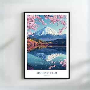 富士山 | 日本旅行ポスター | 桜と反射 | 日本の自然の壁アート | 桜の風景プリント