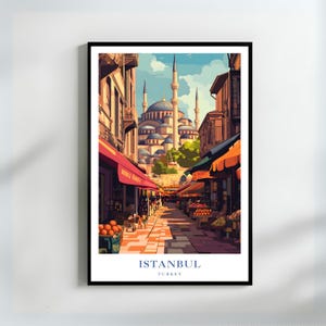 Istanbul | Turkey Travel Poster | Grand Mosque and Bazaar Scene | Turkish Market Wall Art | Middle Eastern Decor | Cultural Street Art