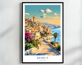 May include: A colorful illustration of Beirut, Lebanon, with a cityscape overlooking the ocean. The illustration features a winding road leading to the city, with buildings in shades of yellow, orange, and pink. The sky is a bright blue with fluffy white clouds.