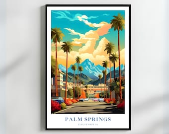 Impressão de arte de Palm Springs, arte de parede da Califórnia, pôster de viagem vintage, palmeiras retrô, paisagem, deserto, pôr do sol, decoração, presente de Palm Springs