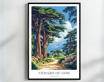 May include: A vintage travel poster featuring a scenic view of a path leading through a forest of cedar trees. The poster has the text "Cedars of God, Lebanon" at the bottom.