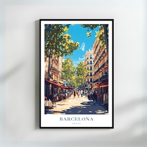 Barcelona Travel Art Print Spain Cityscape Gift La Rambla Street Decor Mediterranean Wall Art Spanish Architecture Poster