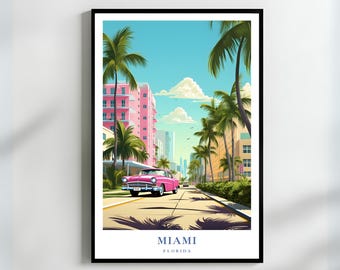 Miami Pink Car Art Print Poster | Retro South Beach Cityscape Decor | Coastal Florida Cityscape Wall Decor