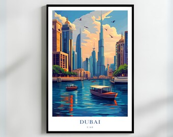 Dubai Marina Art | UAE Travel Poster | Burj Khalifa Skyline Print | Dubai Cityscape Wall Art | Modern Dubai Decor | UAE Skyline Decor