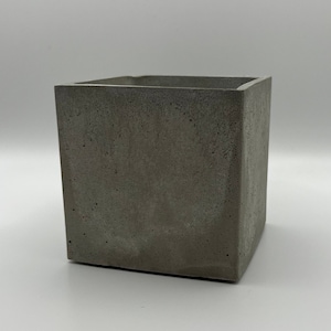Può includere: Un vaso quadrato in cemento con una superficie ruvida e testurizzata. Il vaso è di colore grigio chiaro.