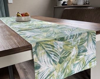 Fabric table runner large leaves light green