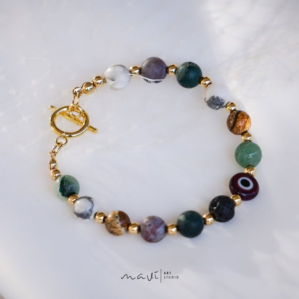 Naturstein Armband Evil Eye Nazar Schmuck handgemachtes Armband mit Knebelverschluss Natursteine in gold 18K