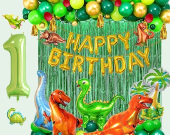 Dinosaur Themed Birthday Balloon Arch Garland, Birthday Banner and 4D Jumbo Dinosaur Decoration, Dinosaur balloons for dinosaur themed party