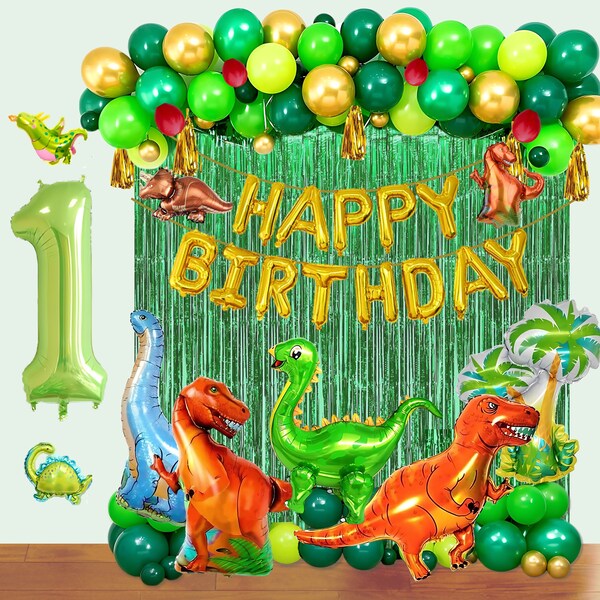 Dinosaur Themed Birthday Balloon Arch Garland, Birthday Banner and 4D Jumbo Dinosaur Decoration, Dinosaur balloons for dinosaur themed party